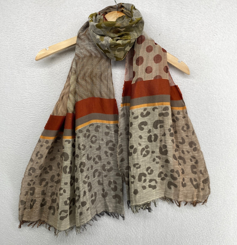 CHAR SANTA FE Scarf Leopard Polka Dot Camo Chevron Fringe Wrap Shawl Brown